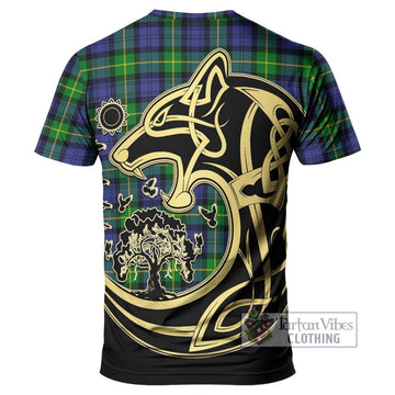 Meldrum Tartan T-Shirt with Family Crest Celtic Wolf Style - Tartan Vibes Clothing