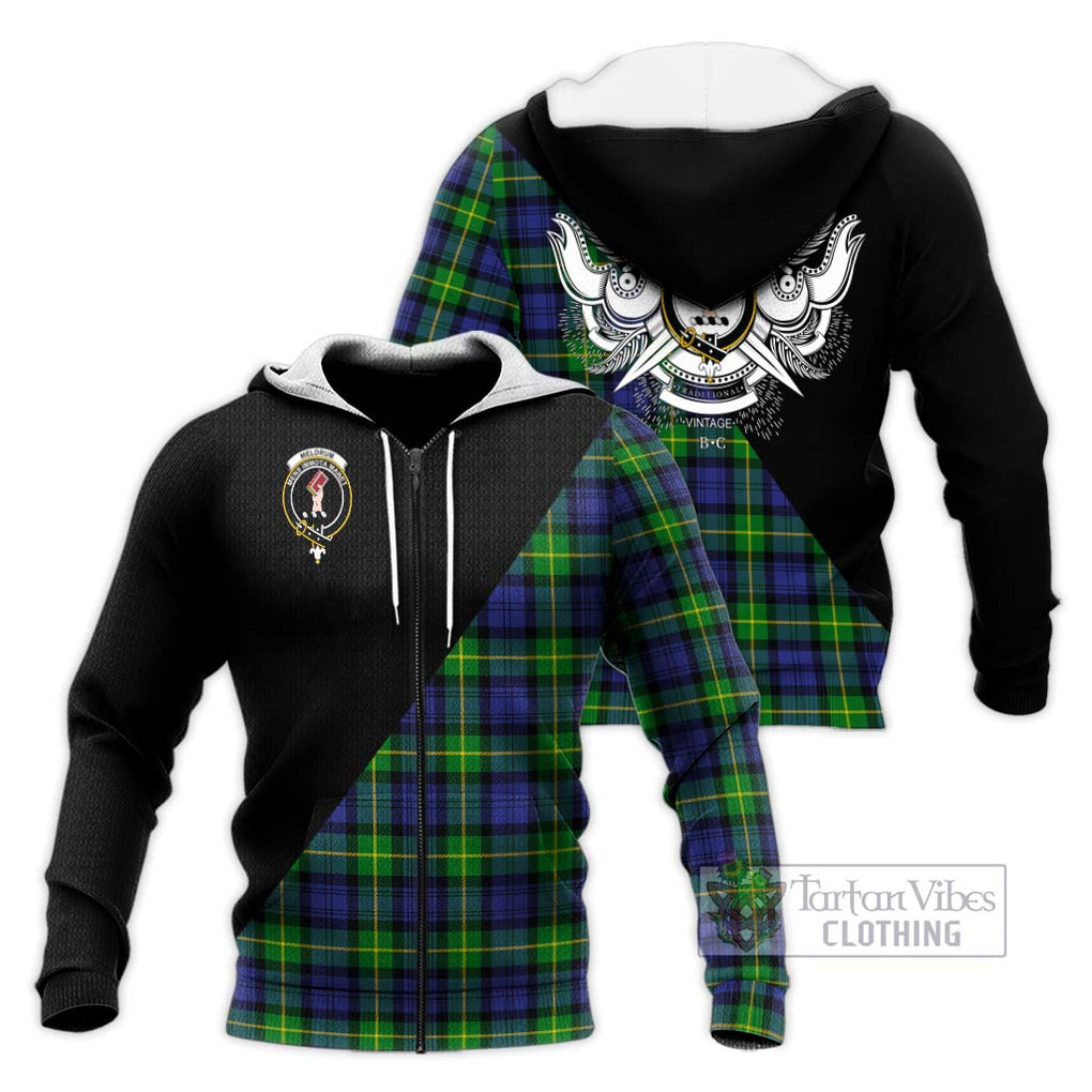 Meldrum Tartan Knitted Hoodie with Family Crest and Military Logo Style Unisex Knitted Zip Hoodie - Tartanvibesclothing Shop