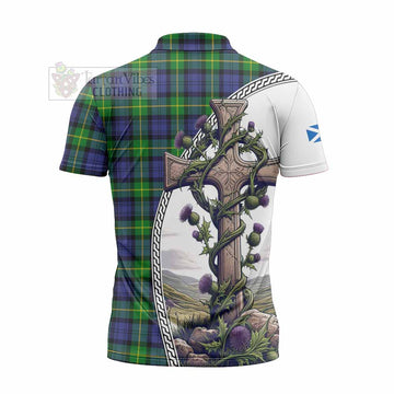 Meldrum Tartan Zipper Polo Shirt with Family Crest and St. Andrew's Cross Accented by Thistle Vines - Tartan Vibes Clothing