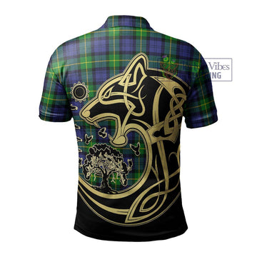 Meldrum Tartan Polo Shirt with Family Crest Celtic Wolf Style