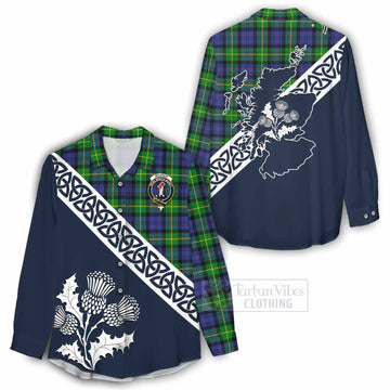 Meldrum Tartan Women's Casual Shirt Featuring Thistle and Scotland Map