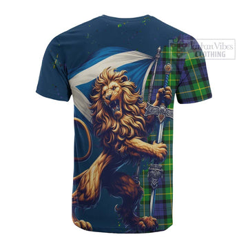 Meldrum Tartan Family Crest Cotton T-shirt with Scottish Majestic Lion