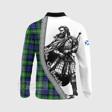 Meldrum Tartan Clan Crest Long Sleeve Polo Shirt with Highlander Warrior Celtic Style - Tartan Vibes Clothing