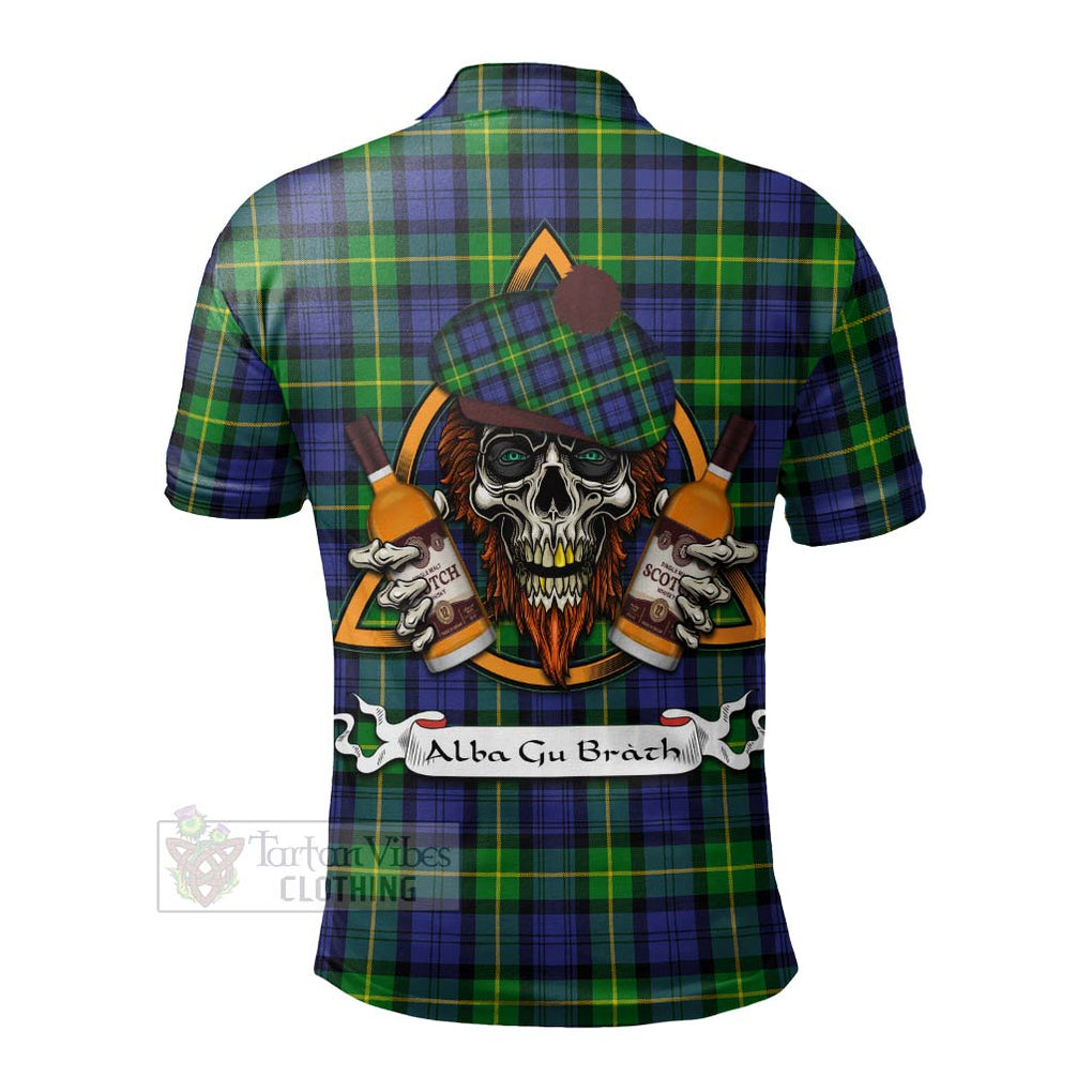 Tartan Vibes Clothing Meldrum Tartan Polo Shirt with Family Crest and Bearded Skull Holding Bottles of Whiskey