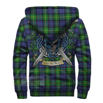 Meldrum Tartan Sherpa Hoodie with Family Crest Celtic Skull Style