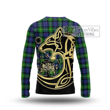 Meldrum Tartan Long Sleeve T-Shirt with Family Crest Celtic Wolf Style - Tartan Vibes Clothing