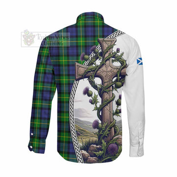 Meldrum Tartan Long Sleeve Button Shirt with Family Crest and St. Andrew's Cross Accented by Thistle Vines