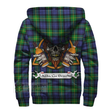 Meldrum Tartan Sherpa Hoodie with Family Crest and Bearded Skull Holding Bottles of Whiskey