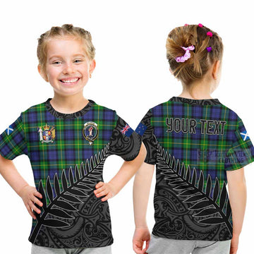 Meldrum Crest Tartan Kid T-Shirt with New Zealand Silver Fern Half Style - Tartan Vibes Clothing