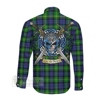 Meldrum Tartan Long Sleeve Button Shirt with Family Crest Celtic Skull Style