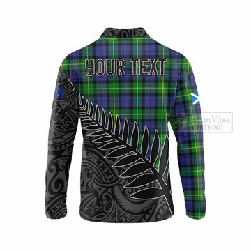 Meldrum Crest Tartan Long Sleeve Polo Shirt with New Zealand Silver Fern Half Style - Tartan Vibes Clothing
