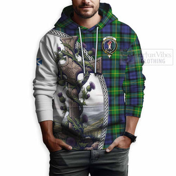 Meldrum Tartan Hoodie with Family Crest and St. Andrew's Cross Accented by Thistle Vines - Tartan Vibes Clothing
