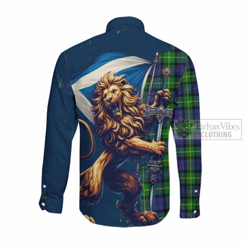 Meldrum Tartan Family Crest Long Sleeve Button Shirt with Scottish Majestic Lion