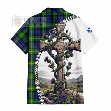 Meldrum Tartan Hawaiian Shirt with Family Crest and St. Andrew's Cross Accented by Thistle Vines - Tartan Vibes Clothing