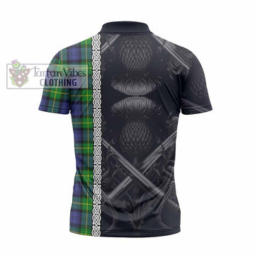 Meldrum Tartan Zipper Polo Shirt with Family Crest Cross Sword Thistle Celtic Vibes