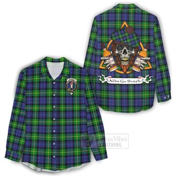 Meldrum Tartan Women's Casual Shirt with Family Crest and Bearded Skull Holding Bottles of Whiskey