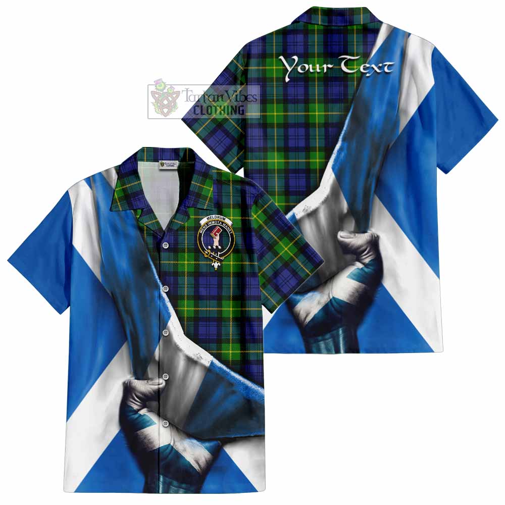 Tartan Vibes Clothing Meldrum Tartan Short Sleeve Button Shirt with Family Crest Scotland Patriotic Style