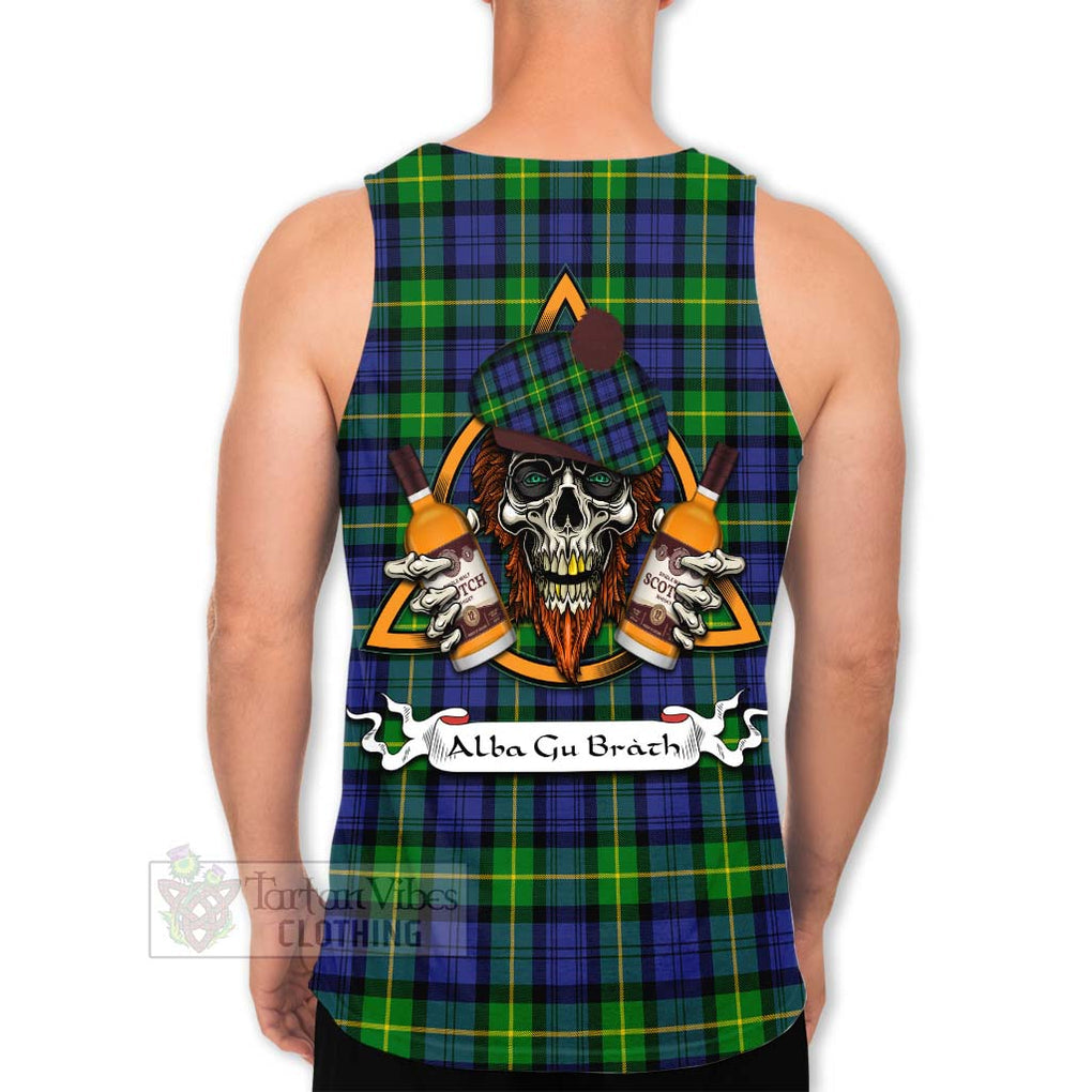 Tartan Vibes Clothing Meldrum Tartan Men's Tank Top with Family Crest and Bearded Skull Holding Bottles of Whiskey