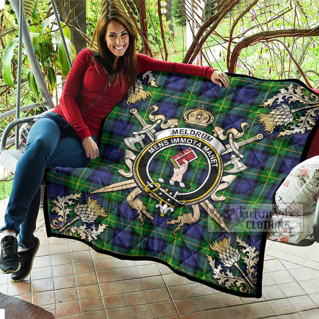 Tartan Vibes Clothing Meldrum Tartan Quilt with Family Crest and Scottish Golden Courage Shield