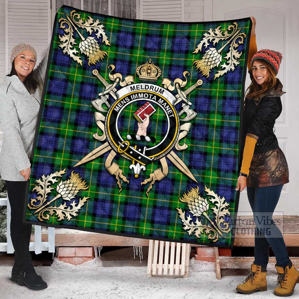 Tartan Vibes Clothing Meldrum Tartan Quilt with Family Crest and Scottish Golden Courage Shield