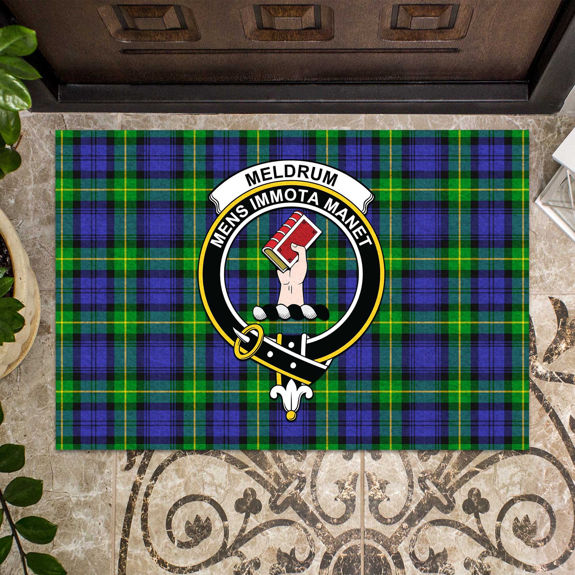 Meldrum Tartan Door Mat with Family Crest - Tartanvibesclothing