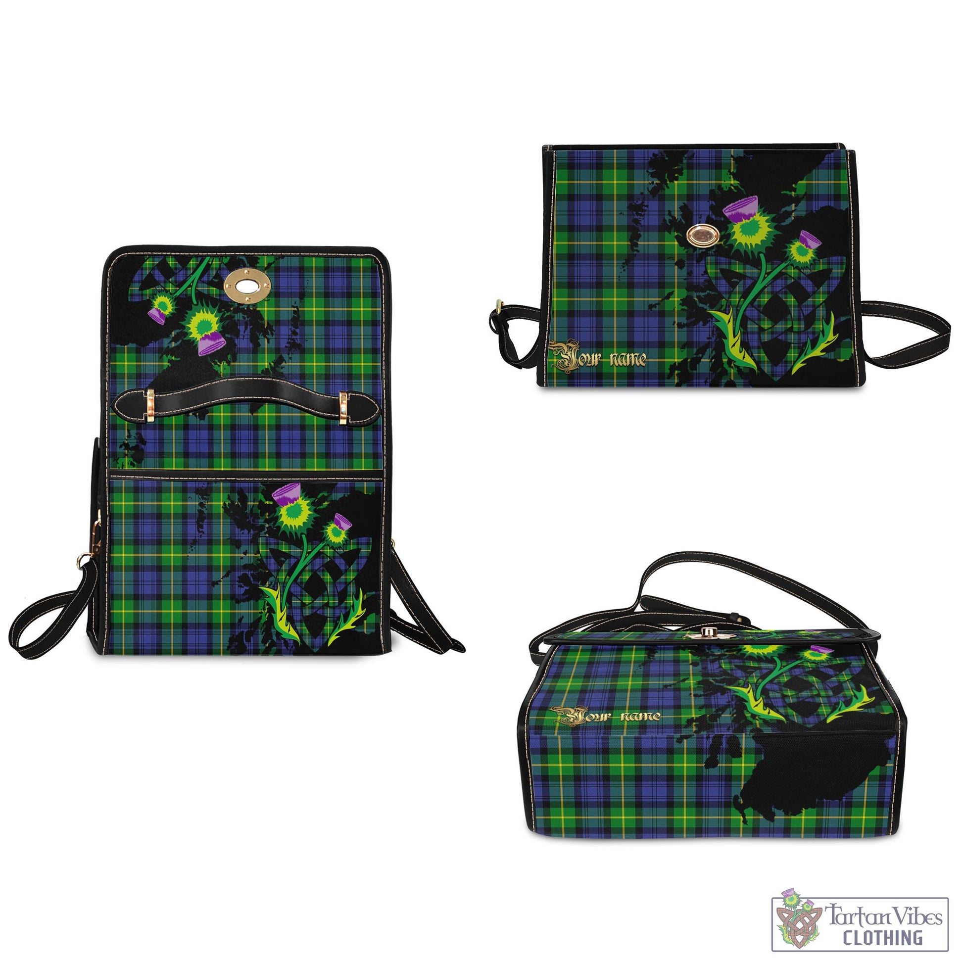 Tartan Vibes Clothing Meldrum Tartan Waterproof Canvas Bag with Scotland Map and Thistle Celtic Accents