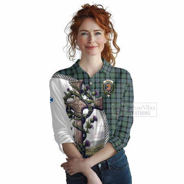 Melville Tartan Women's Casual Shirt with Family Crest and St. Andrew's Cross Accented by Thistle Vines Female - Tartan Vibes Clothing
