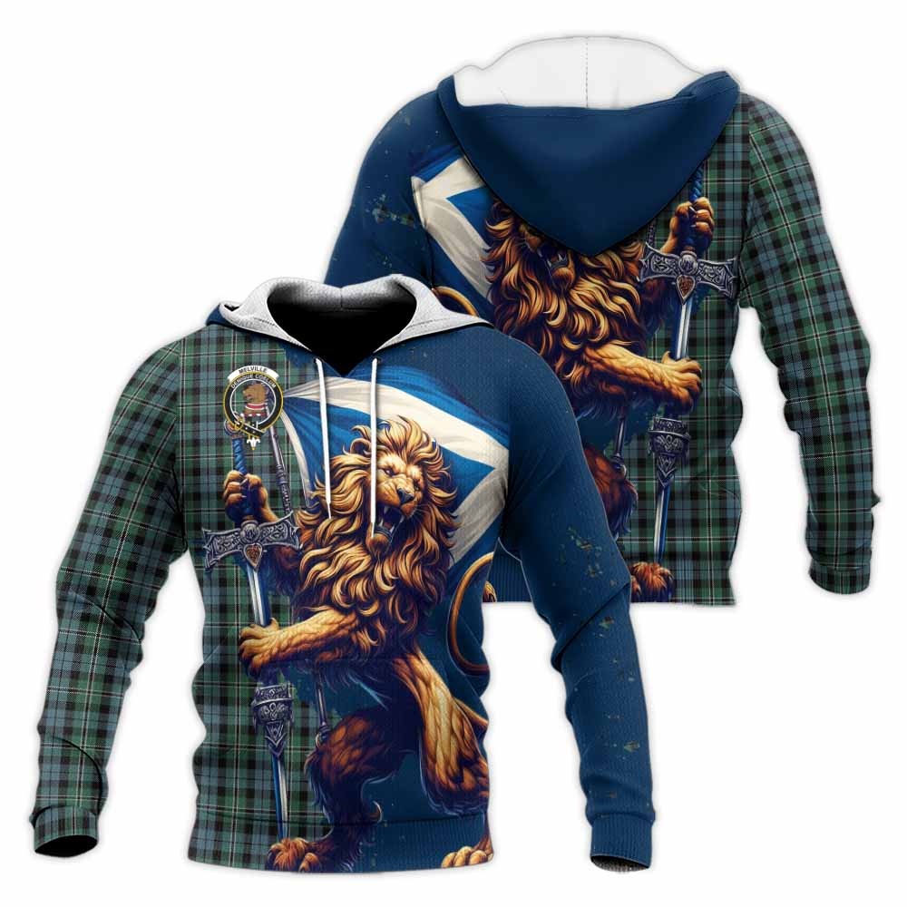 Tartan Vibes Clothing Melville Tartan Family Crest Knitted Hoodie with Scottish Majestic Lion