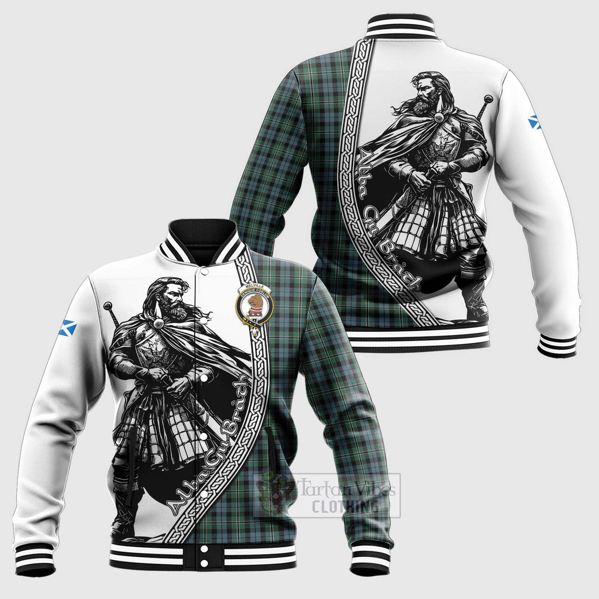 Melville Tartan Clan Crest Baseball Jacket with Highlander Warrior Celtic Style Unisex - Tartan Vibes Clothing
