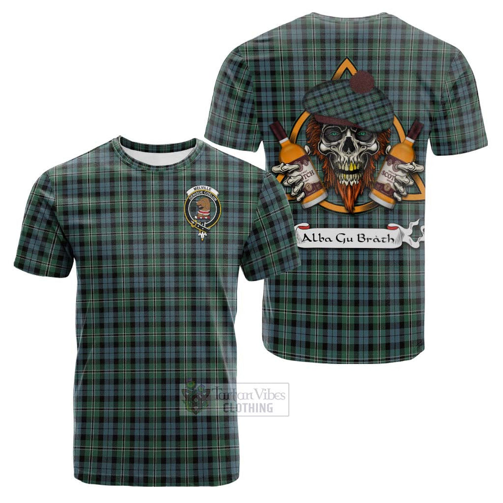 Tartan Vibes Clothing Melville Tartan Cotton T-shirt with Family Crest and Bearded Skull Holding Bottles of Whiskey