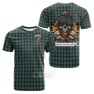 Melville Tartan Cotton T-shirt with Family Crest and Bearded Skull Holding Bottles of Whiskey