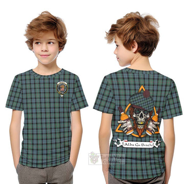 Melville Tartan Kid T-Shirt with Family Crest and Bearded Skull Holding Bottles of Whiskey