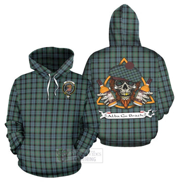 Melville Tartan Hoodie with Family Crest and Bearded Skull Holding Bottles of Whiskey