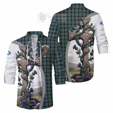 Melville Tartan Ghillie Kilt Shirt with Family Crest and St. Andrew's Cross Accented by Thistle Vines Men - Tartan Vibes Clothing