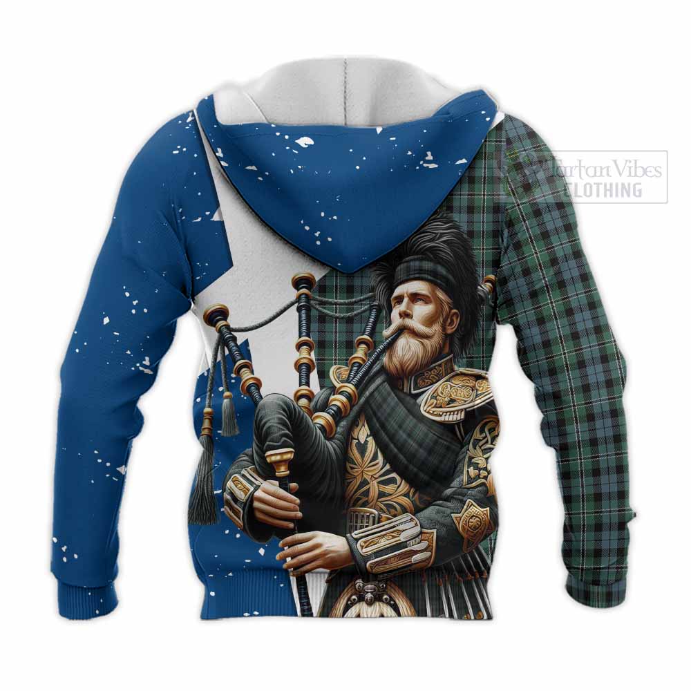 Tartan Vibes Clothing Melville Tartan Knitted Hoodie with Family Crest Scottish Bagpiper Vibes