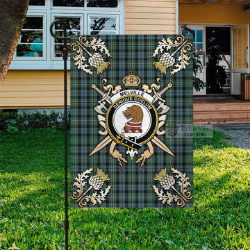 Melville Tartan Flag with Family Crest and Golden Thistle Crossed Sword Design