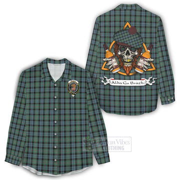 Melville Tartan Women's Casual Shirt with Family Crest and Bearded Skull Holding Bottles of Whiskey