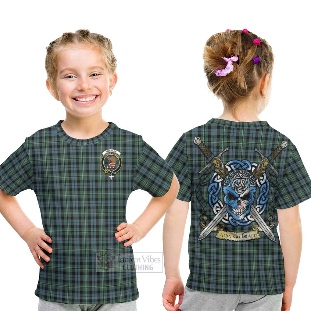 Tartan Vibes Clothing Melville Tartan Kid T-Shirt with Family Crest Celtic Skull Style