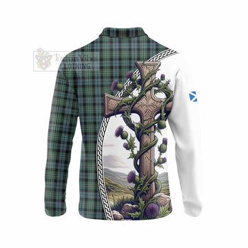 Melville Tartan Long Sleeve Polo Shirt with Family Crest and St. Andrew's Cross Accented by Thistle Vines - Tartan Vibes Clothing
