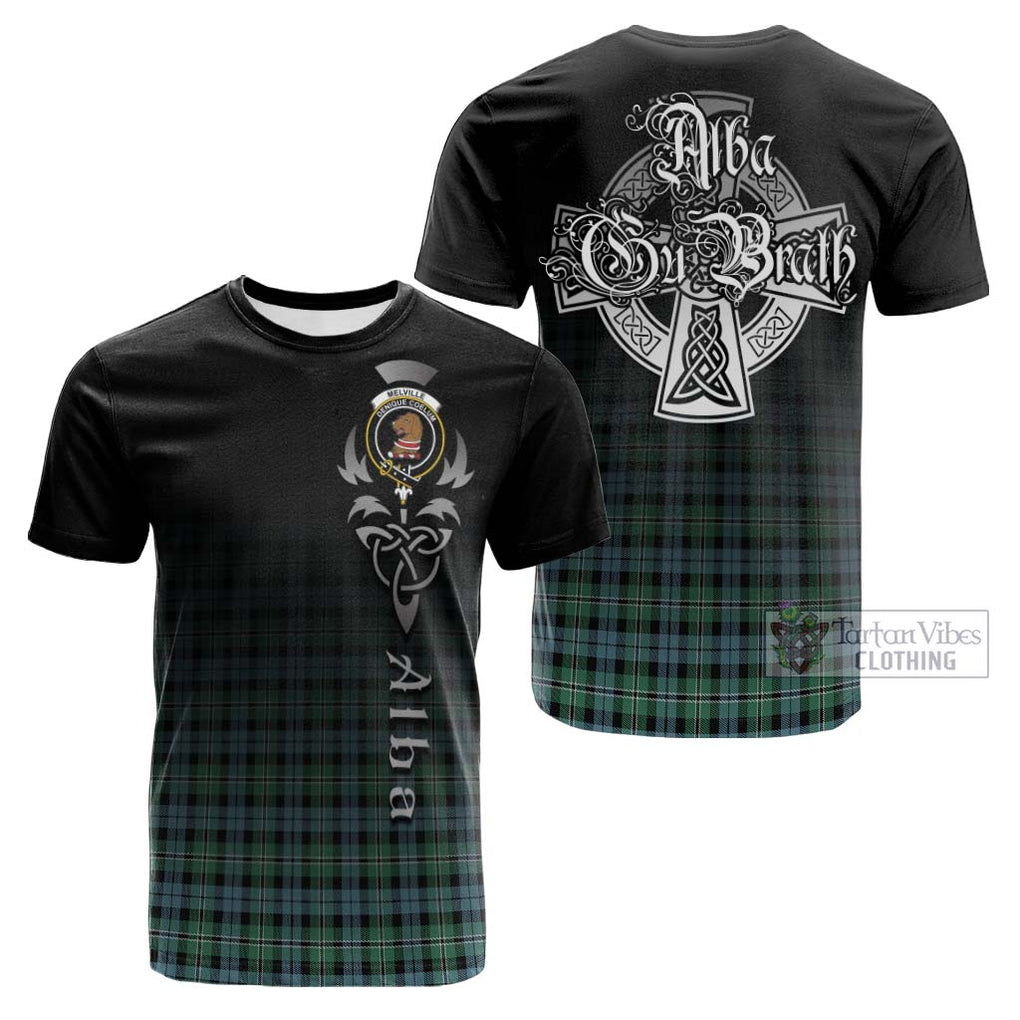 Tartan Vibes Clothing Melville Ancient Tartan Cotton T-shirt Featuring Alba Gu Brath Family Crest Celtic Inspired