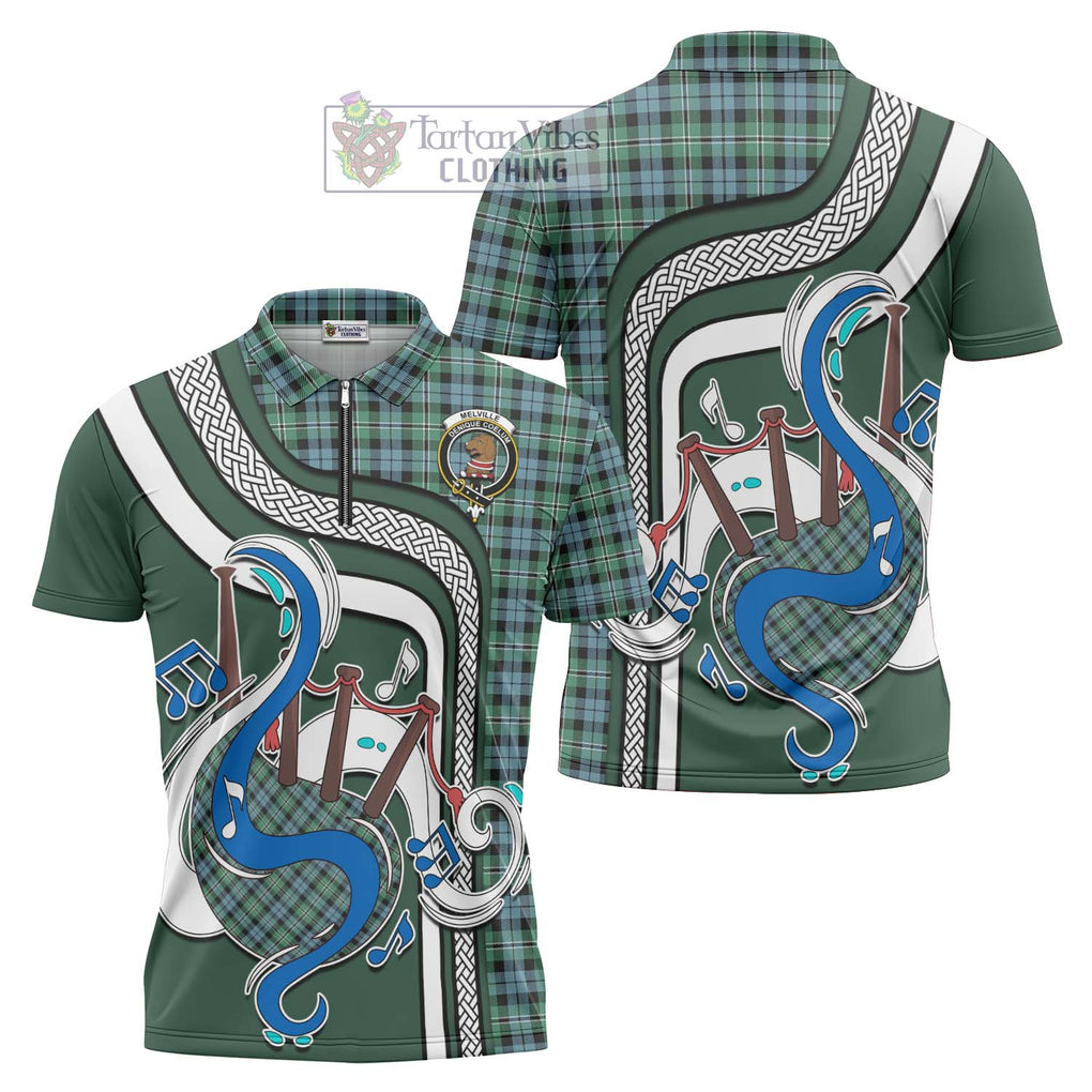 Melville Ancient Tartan Zipper Polo Shirt with Epic Bagpipe Style Unisex - Tartanvibesclothing Shop