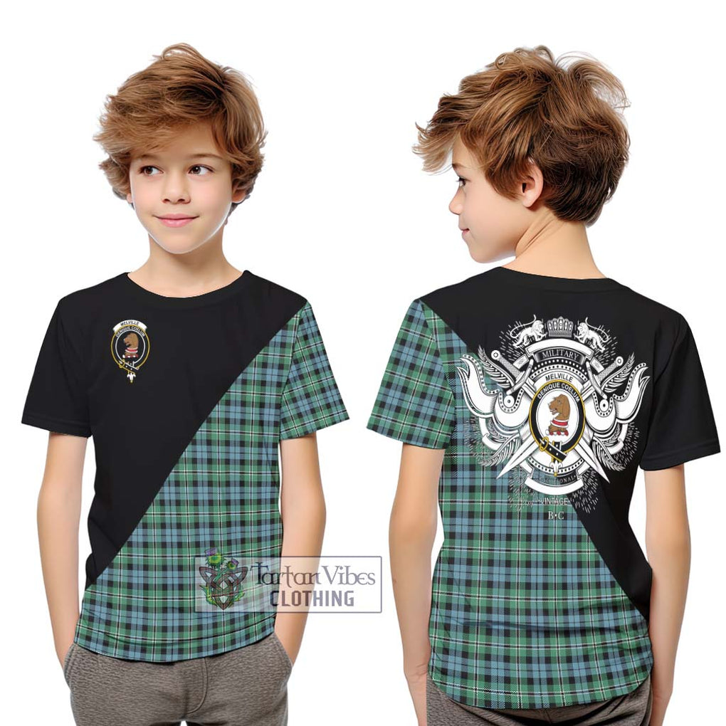 Melville Ancient Tartan Kid T-Shirt with Family Crest and Military Logo Style Youth XL Size14 - Tartanvibesclothing Shop