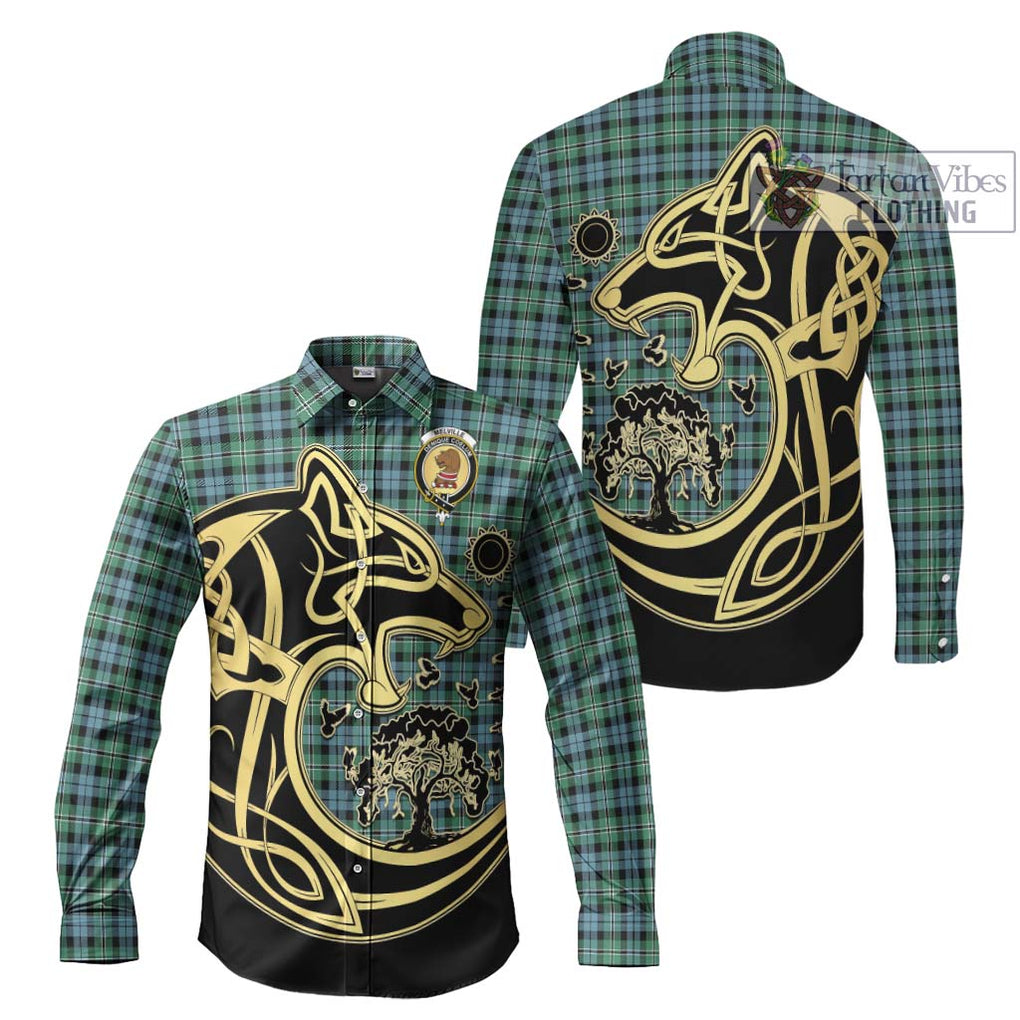 Melville Ancient Tartan Long Sleeve Button Shirt with Family Crest Celtic Wolf Style Men's Shirt S - Tartan Vibes Clothing