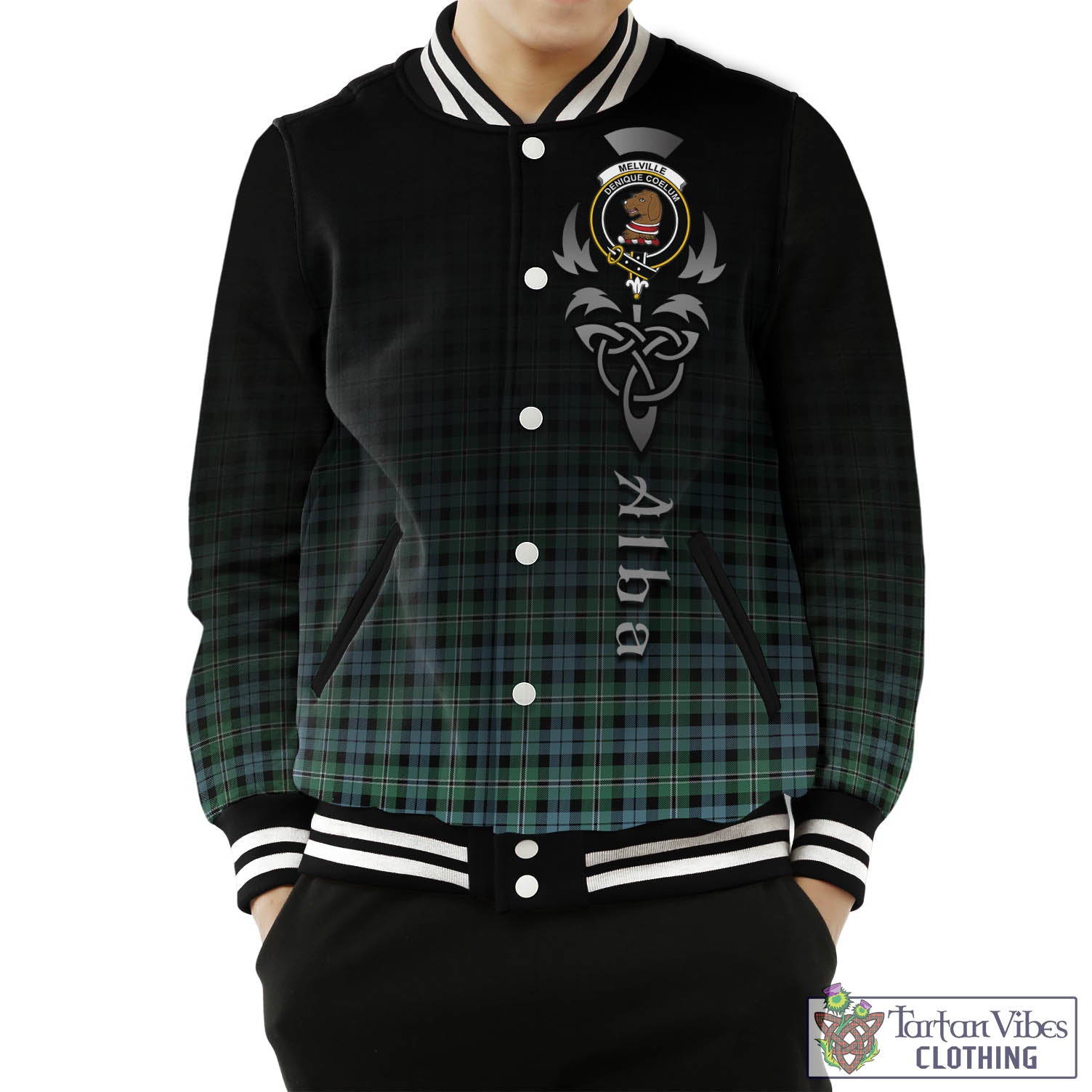 Tartan Vibes Clothing Melville Ancient Tartan Baseball Jacket Featuring Alba Gu Brath Family Crest Celtic Inspired