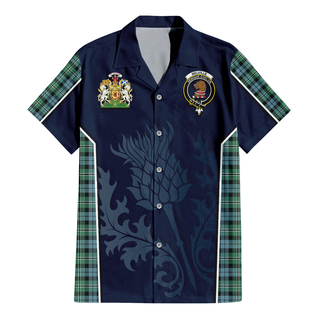 Tartan Vibes Clothing Melville Ancient Tartan Short Sleeve Button Up Shirt with Family Crest and Scottish Thistle Vibes Sport Style