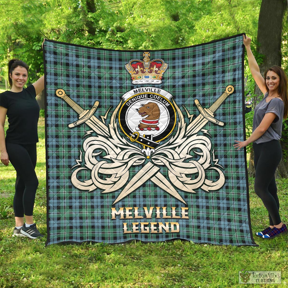 Tartan Vibes Clothing Melville Ancient Tartan Quilt with Clan Crest and the Golden Sword of Courageous Legacy