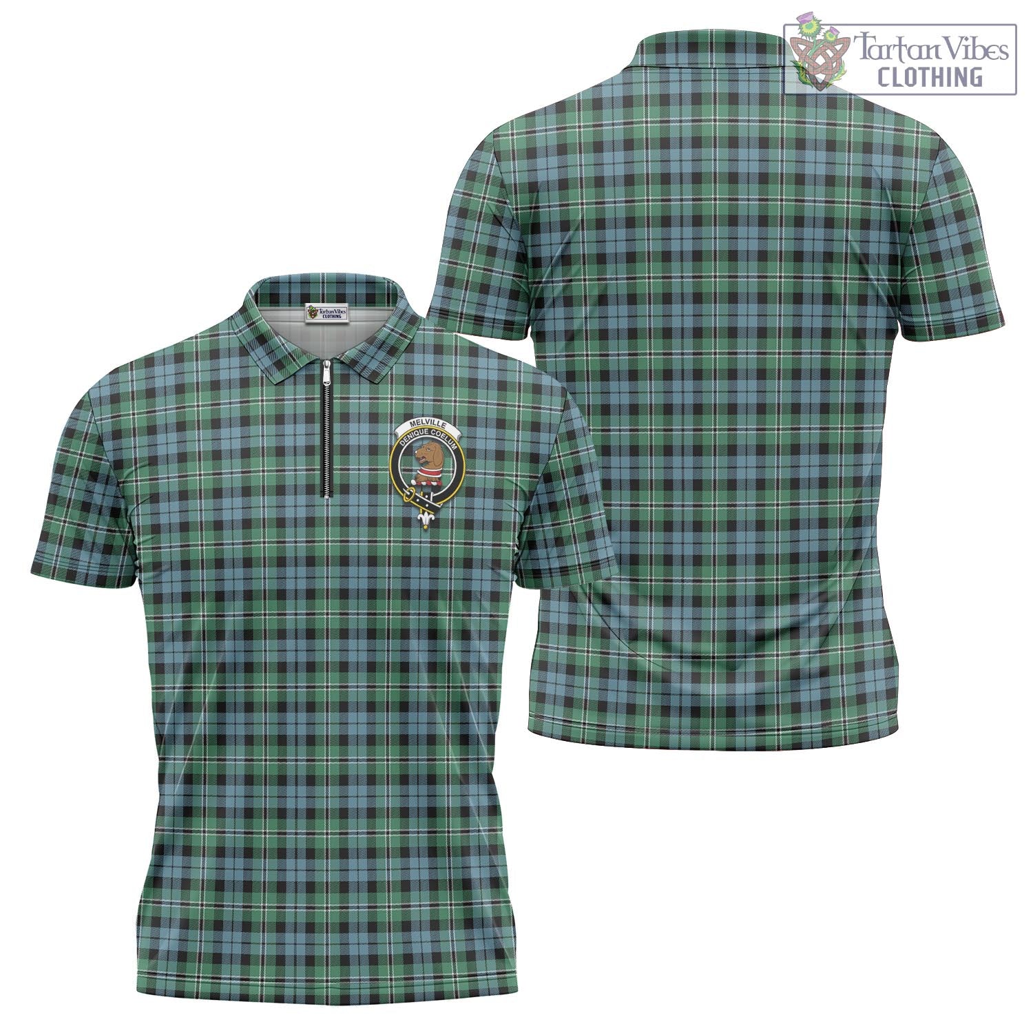 Tartan Vibes Clothing Melville Ancient Tartan Zipper Polo Shirt with Family Crest