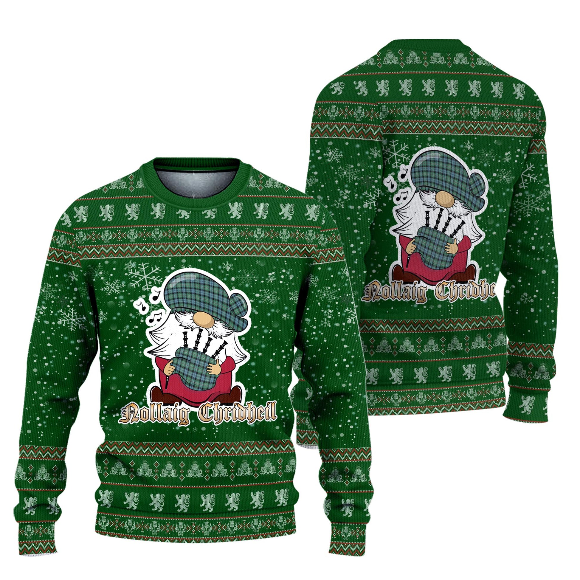 Melville Ancient Clan Christmas Family Knitted Sweater with Funny Gnome Playing Bagpipes Unisex Green - Tartanvibesclothing