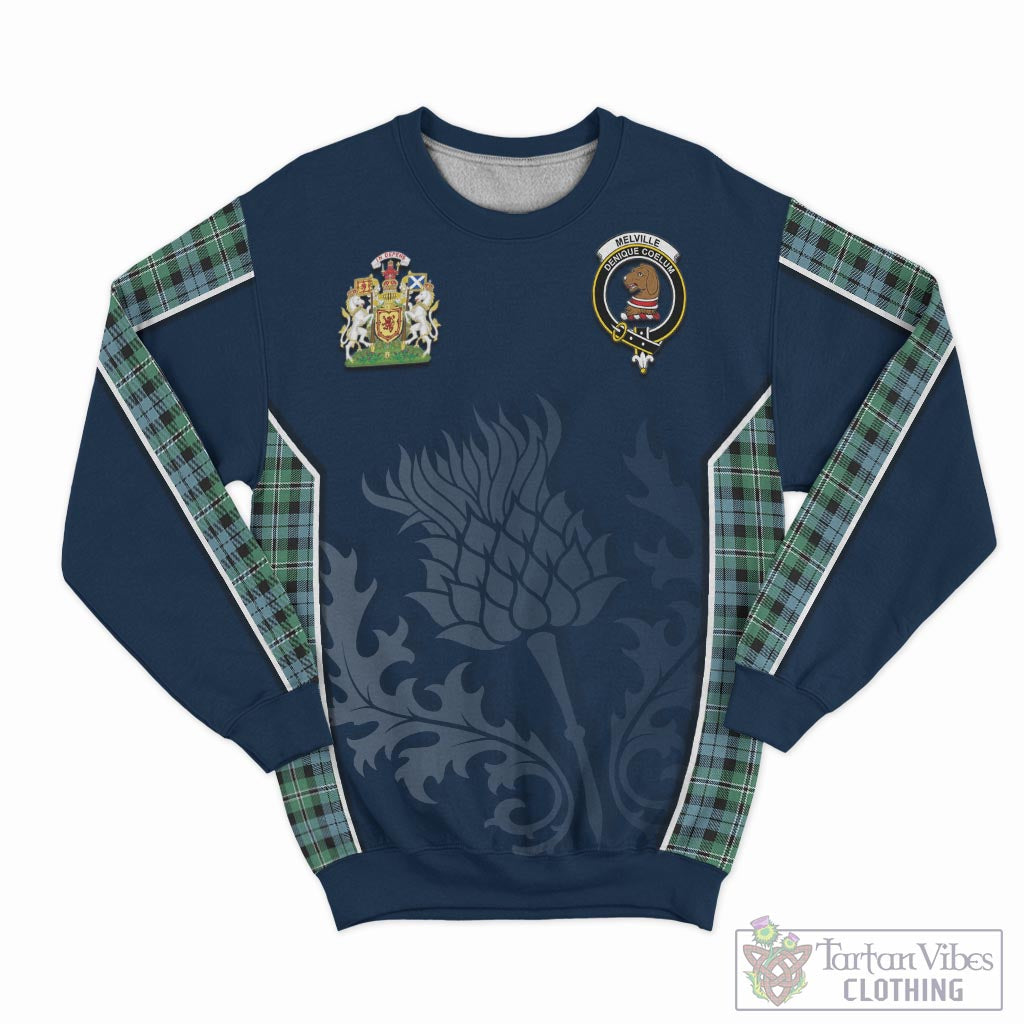 Tartan Vibes Clothing Melville Ancient Tartan Sweatshirt with Family Crest and Scottish Thistle Vibes Sport Style