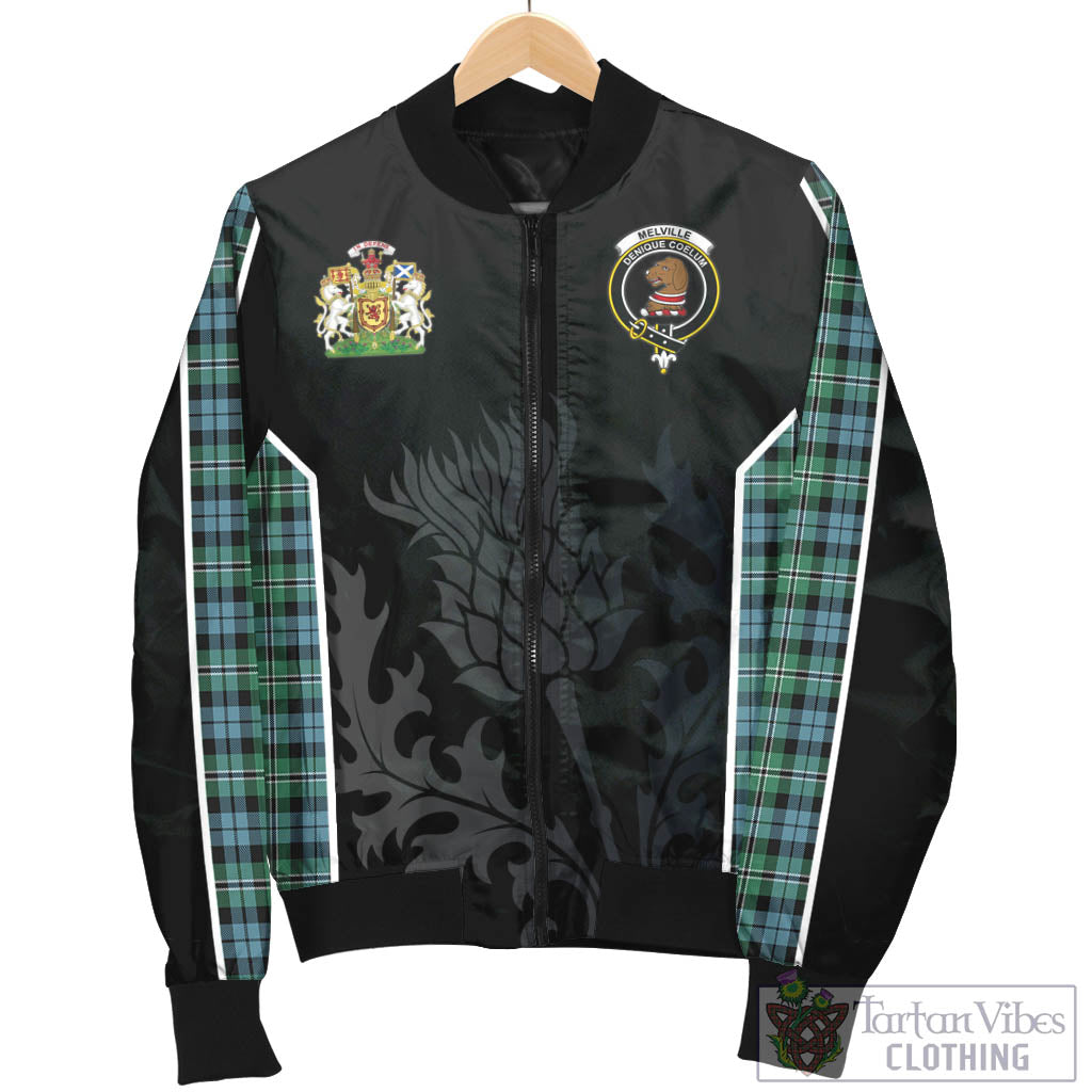 Tartan Vibes Clothing Melville Ancient Tartan Bomber Jacket with Family Crest and Scottish Thistle Vibes Sport Style